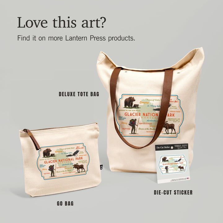 Glacier National Park, Montana, Typography & Icons, Contour, Lantern Press Artwork, Accessory Go Bag - Lantern Press