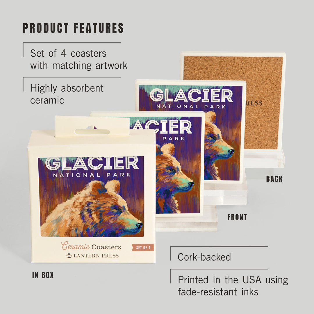 Glacier National Park, Montana, Vivid Grizzly Bear, Coasters Coasters Lantern Press 