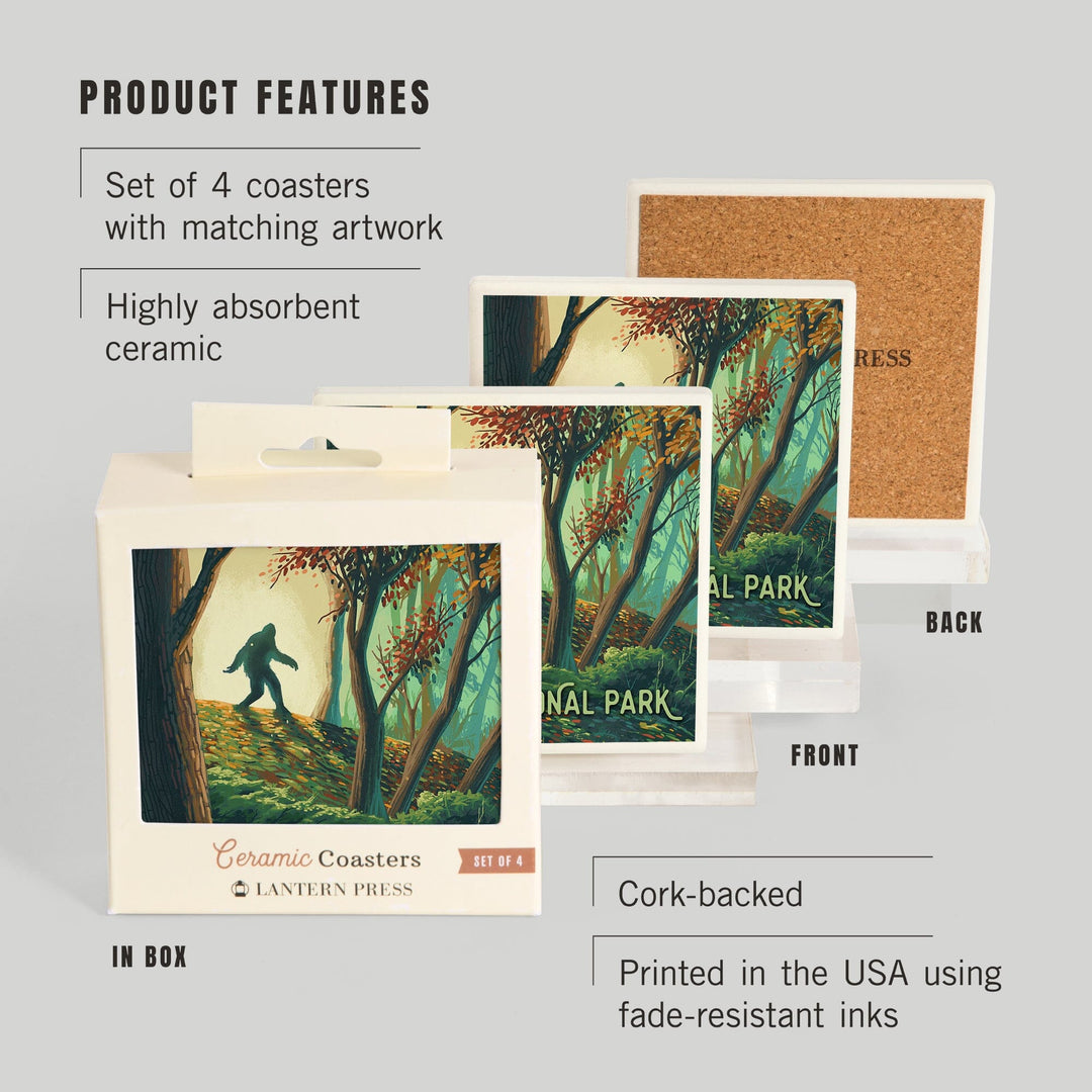 Glacier National Park, Montana, Wanderer, Bigfoot in Forest, Coasters Coasters Lantern Press 