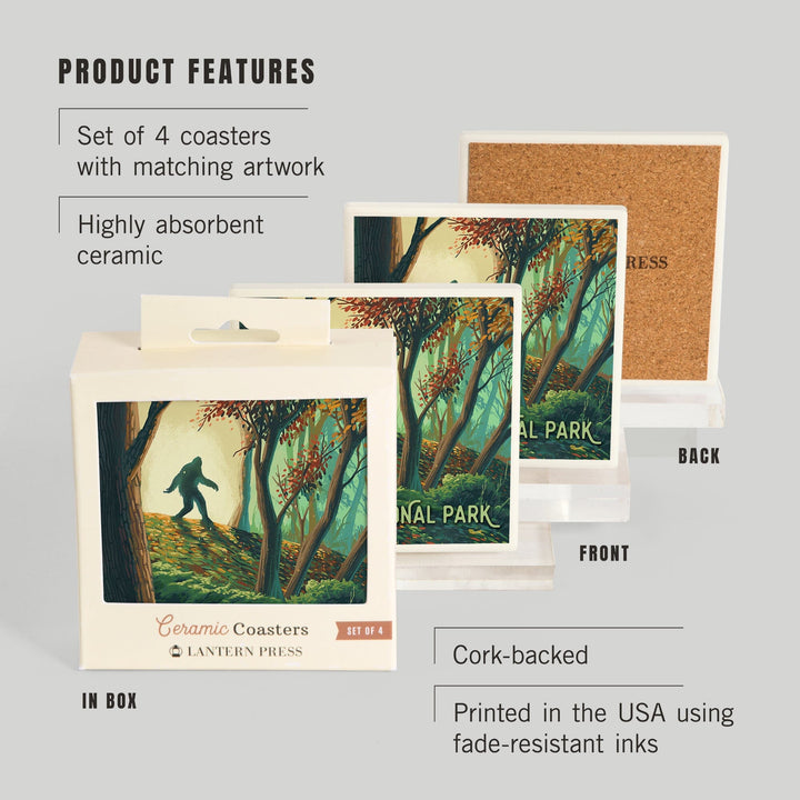 Glacier National Park, Montana, Wanderer, Bigfoot in Forest, Coasters Coasters Lantern Press 