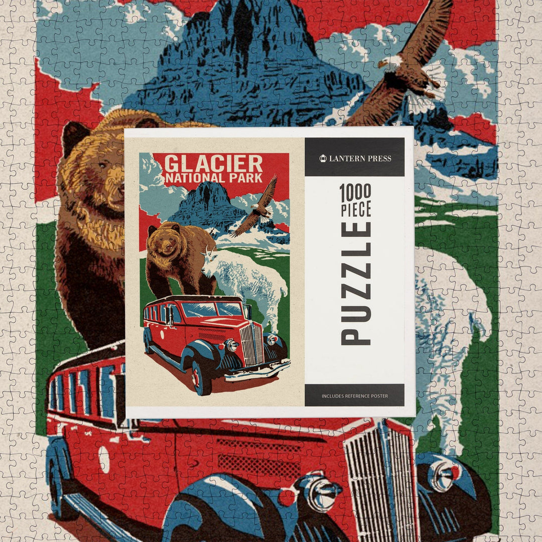 Glacier National Park, Montana, Woodblock, Jigsaw Puzzle Puzzle Lantern Press 