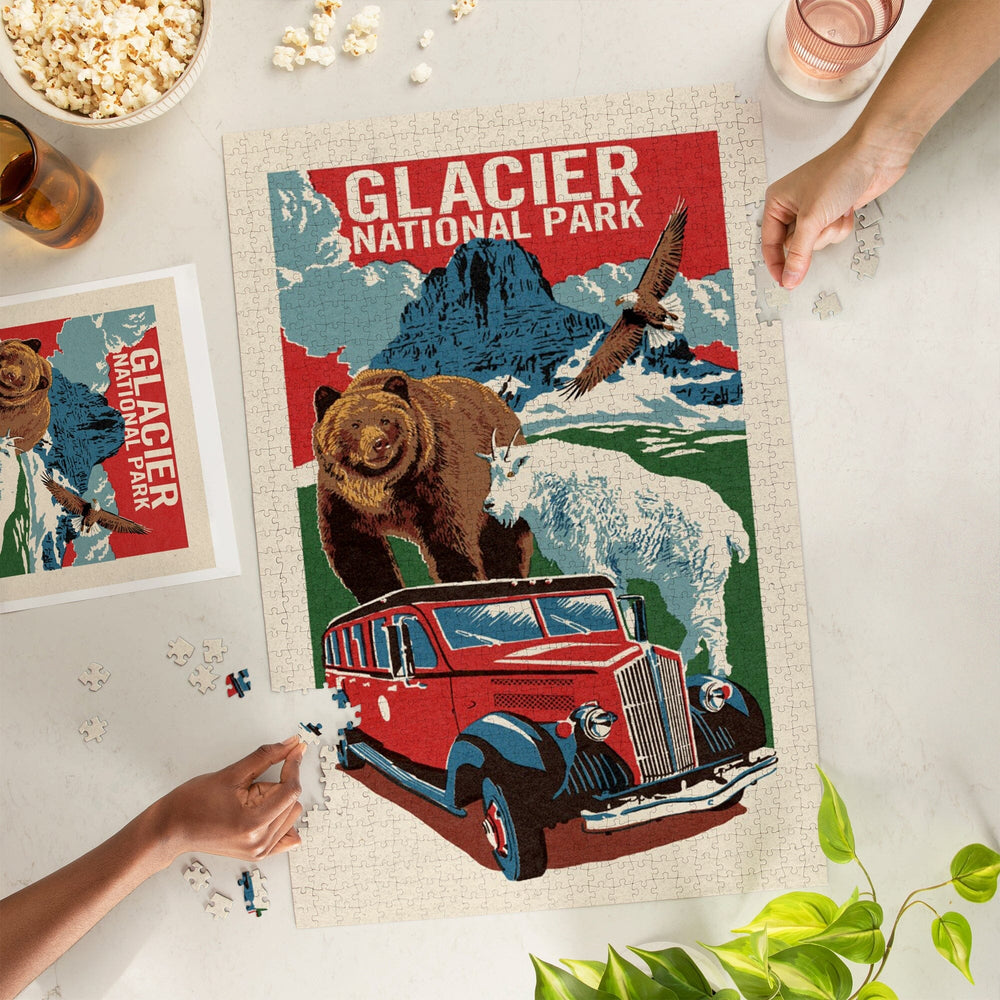 Glacier National Park, Montana, Woodblock, Jigsaw Puzzle Puzzle Lantern Press 