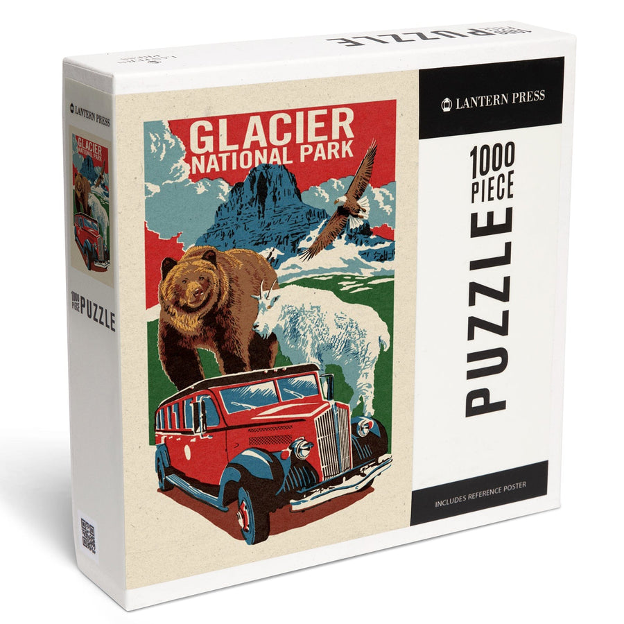 Glacier National Park, Montana, Woodblock, Jigsaw Puzzle Puzzle Lantern Press 