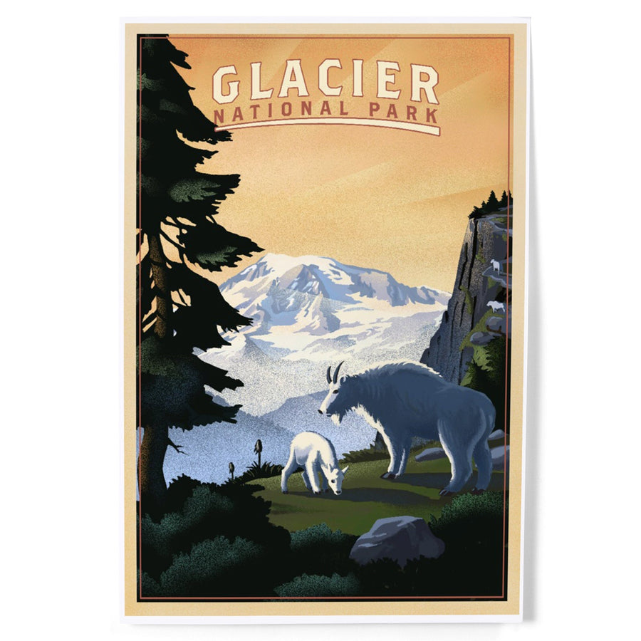 Glacier National Park, Mountain Goats and Mountain, Art & Giclee Prints Art Lantern Press 