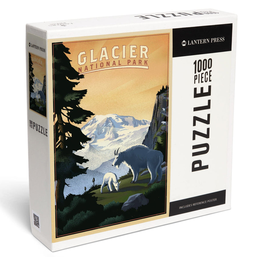 Glacier National Park, Mountain Goats and Mountain, Jigsaw Puzzle Puzzle Lantern Press 