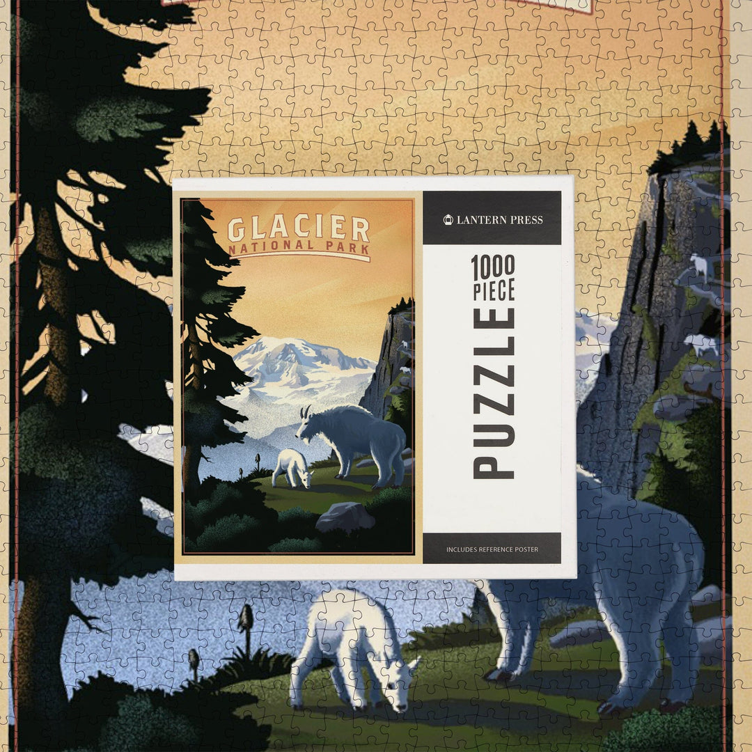 Glacier National Park, Mountain Goats and Mountain, Jigsaw Puzzle Puzzle Lantern Press 