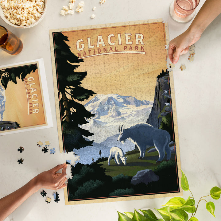 Glacier National Park, Mountain Goats and Mountain, Jigsaw Puzzle Puzzle Lantern Press 