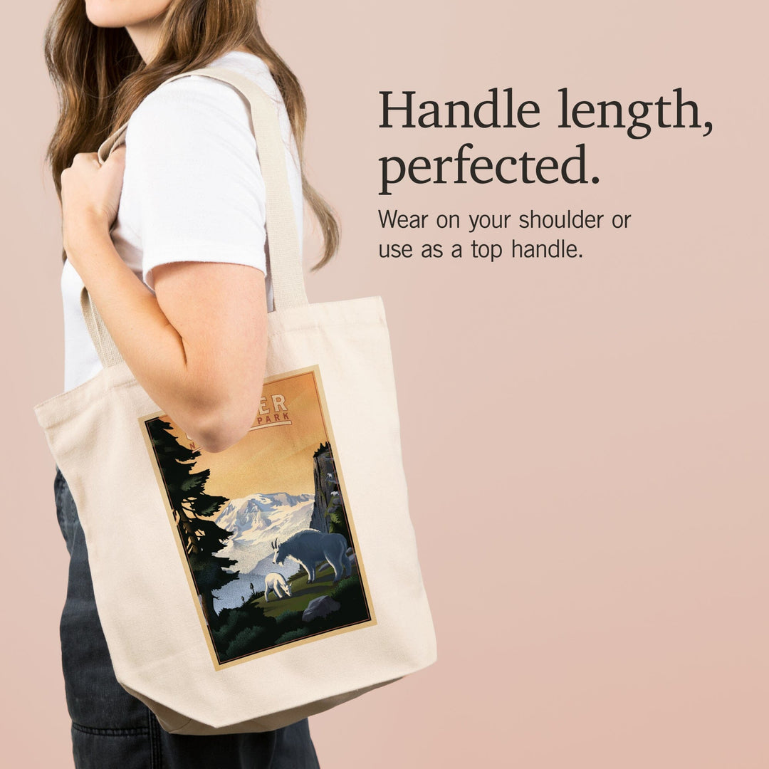 Glacier National Park, Mountain Goats & Mountain, Lantern Press Artwork, Tote Bag - Lantern Press