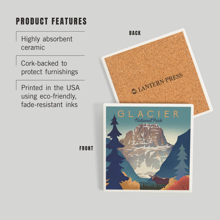 Glacier National Park, Mountain Scene, Lithograph, Coasters Coasters Lantern Press 