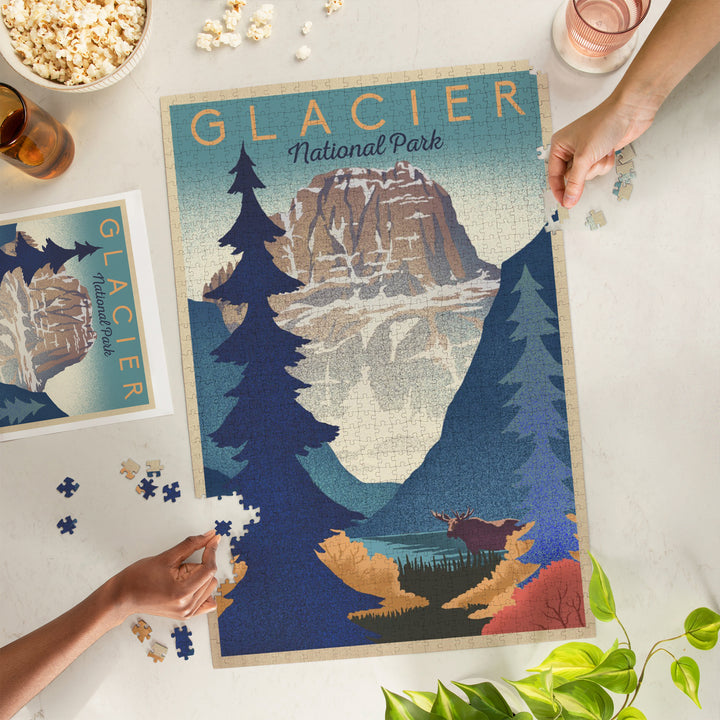 Glacier National Park, Mountain Scene, Lithograph, Jigsaw Puzzle Puzzle Lantern Press 