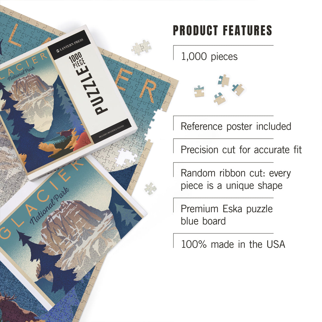 Glacier National Park, Mountain Scene, Lithograph, Jigsaw Puzzle Puzzle Lantern Press 