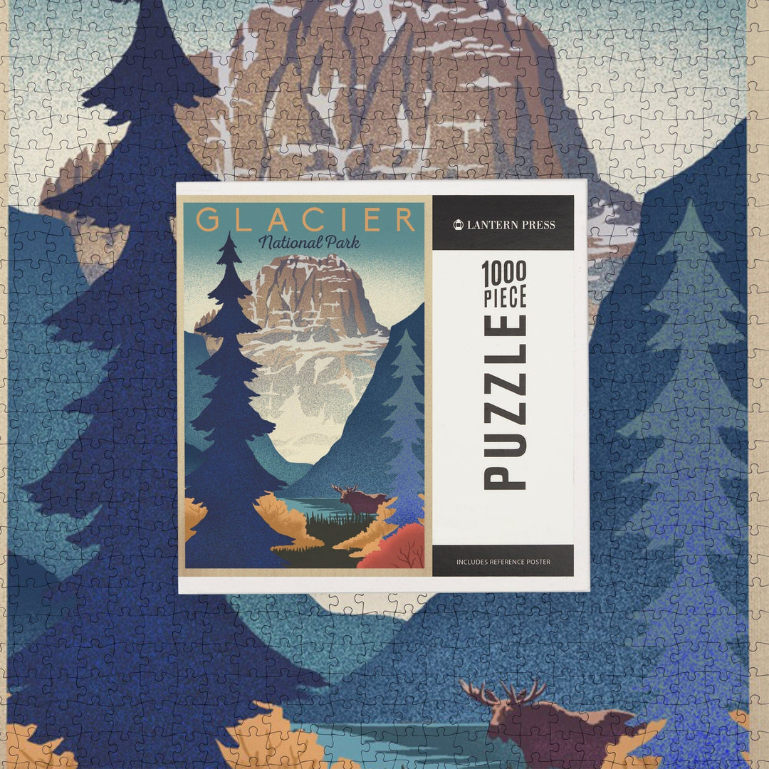 Glacier National Park, Mountain Scene, Lithograph, Jigsaw Puzzle Puzzle Lantern Press 