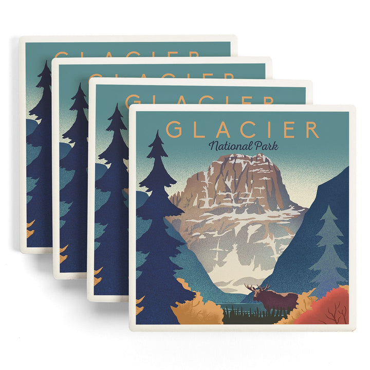 Glacier National Park, Mountain Scene, Lithograph, Lantern Press Artwork, Coaster Set - Lantern Press