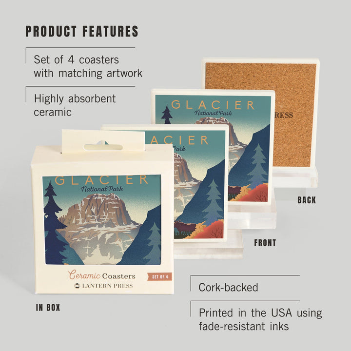 Glacier National Park, Mountain Scene, Lithograph, Lantern Press Artwork, Coaster Set - Lantern Press