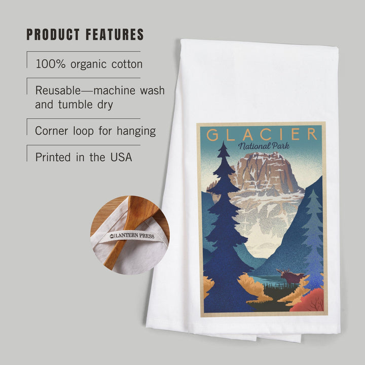 Glacier National Park, Mountain Scene, Lithograph, Organic Cotton Kitchen Tea Towels Kitchen Lantern Press 