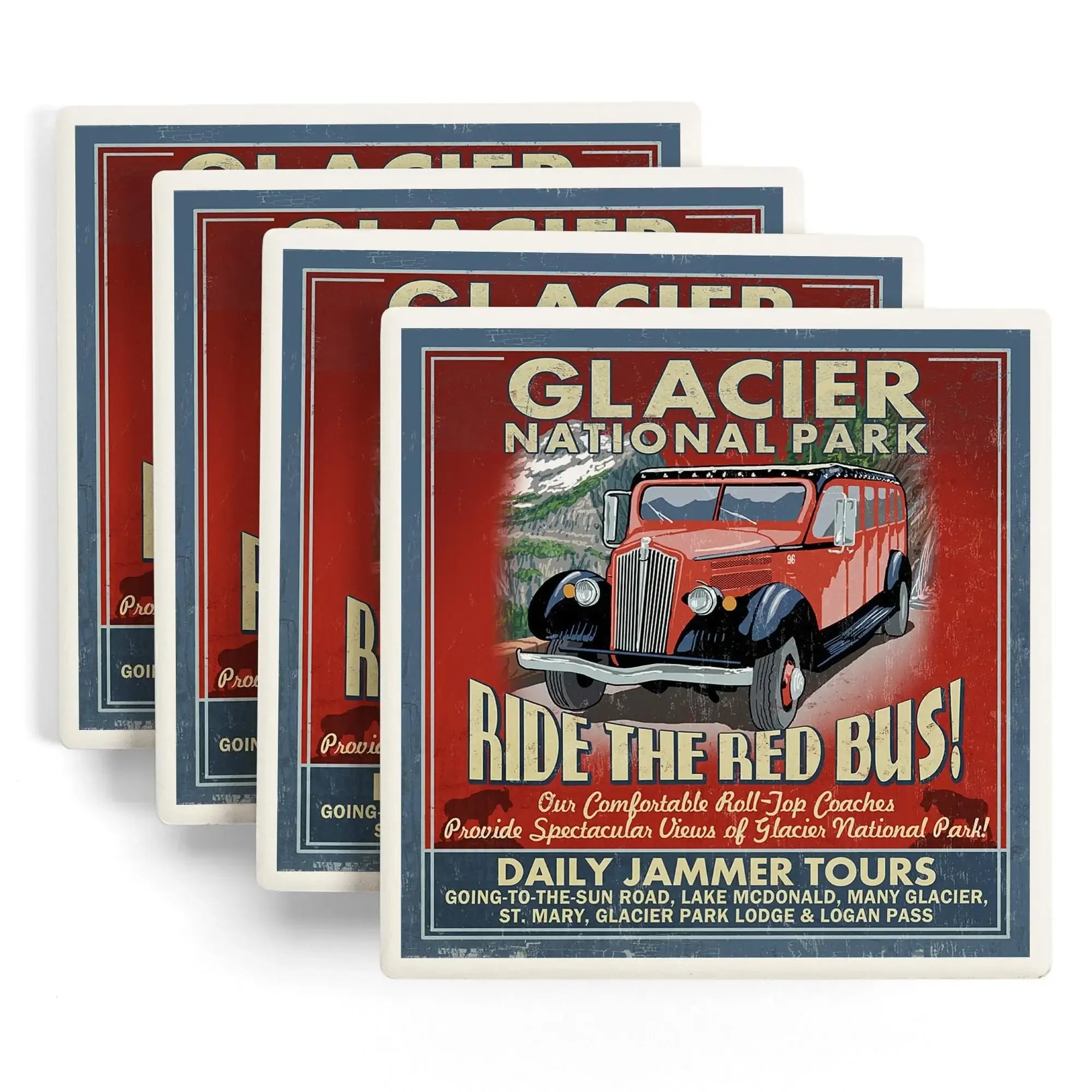Glacier National Park, Red Jammer Vintage Sign ceramic coaster set