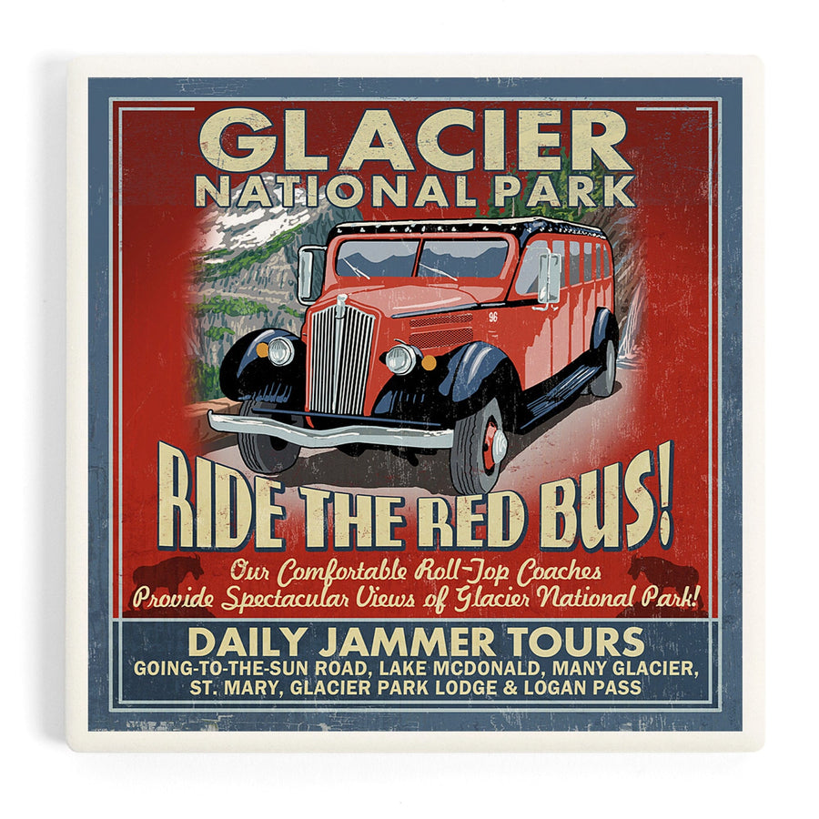 Glacier National Park, Red Jammer Vintage Sign, Coasters Coasters Lantern Press 