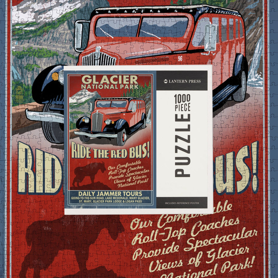 Glacier National Park, Red Jammer Vintage Sign, Jigsaw Puzzle Puzzle Lantern Press 