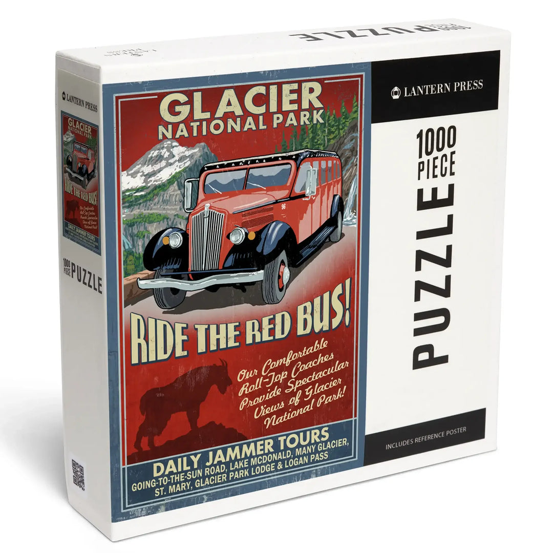 Glacier National Park, Red Jammer Vintage Sign, Jigsaw Puzzle Puzzle Lantern Press 