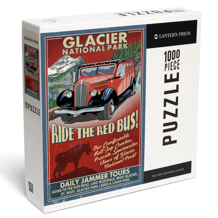 Glacier National Park, Red Jammer Vintage Sign, Jigsaw Puzzle Puzzle Lantern Press 