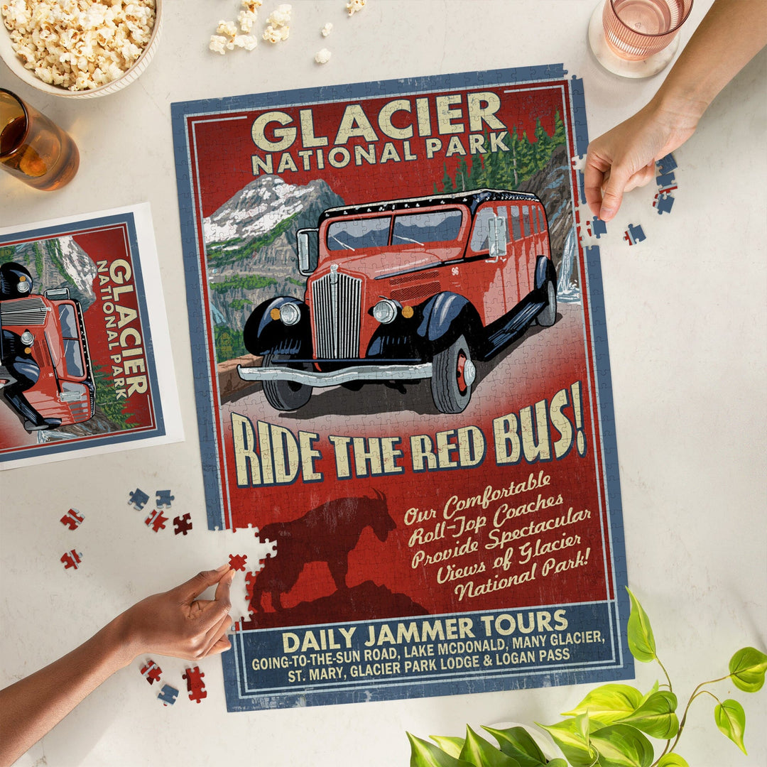 Glacier National Park, Red Jammer Vintage Sign, Jigsaw Puzzle Puzzle Lantern Press 
