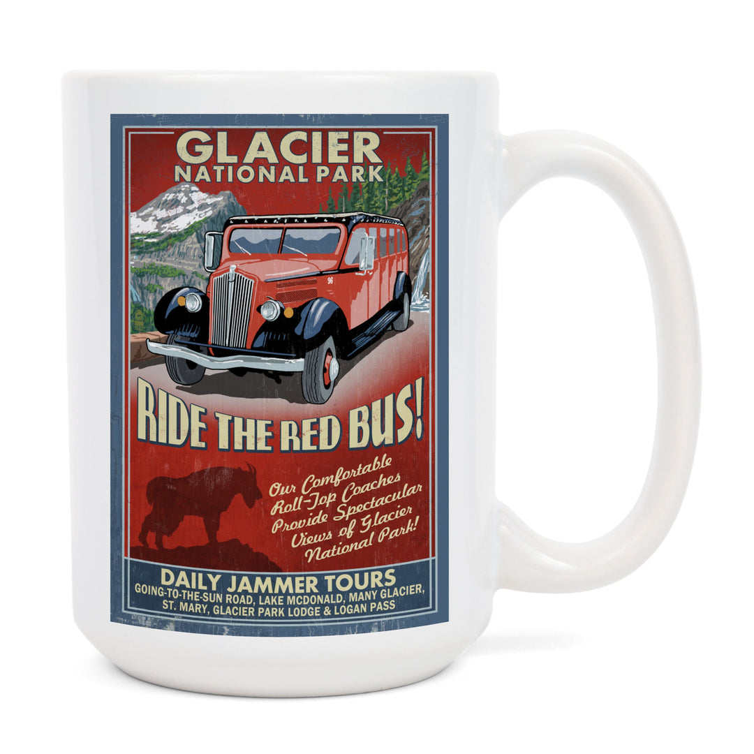 Glacier National Park, Red Jammer Vintage Sign, Lantern Press Artwork, Ceramic Mug Mugs Lantern Press 