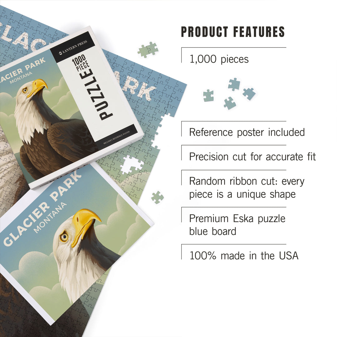 Glacier Park, Montana, Lithograph Wildlife Series, Bald Eagle, Jigsaw Puzzle Puzzle Lantern Press 