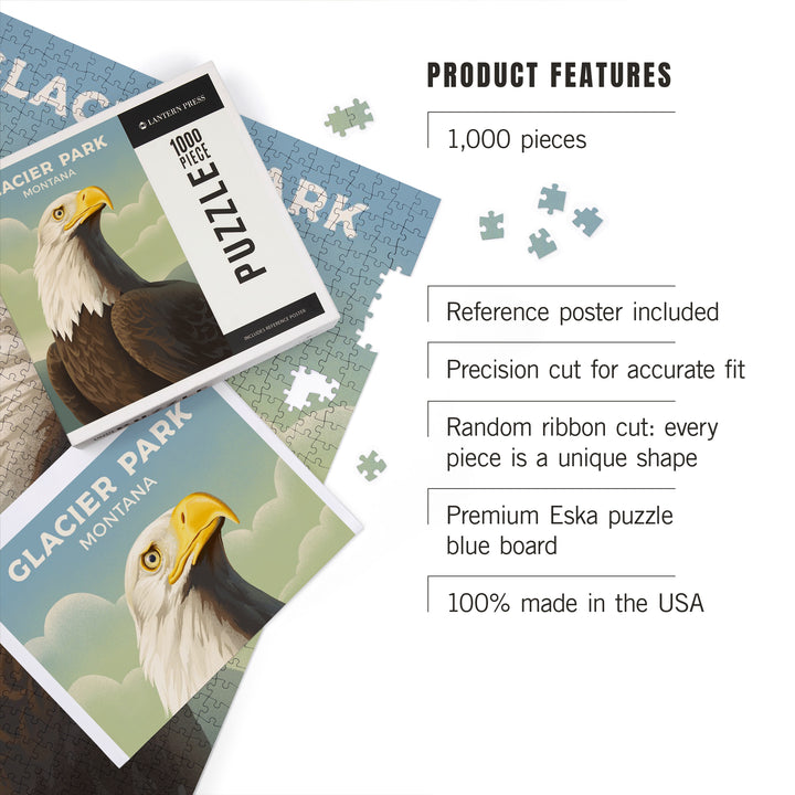 Glacier Park, Montana, Lithograph Wildlife Series, Bald Eagle, Jigsaw Puzzle Puzzle Lantern Press 