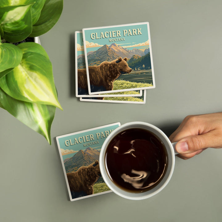 Glacier Park, Montana, Painterly, Bear, Coasters Coasters Lantern Press 