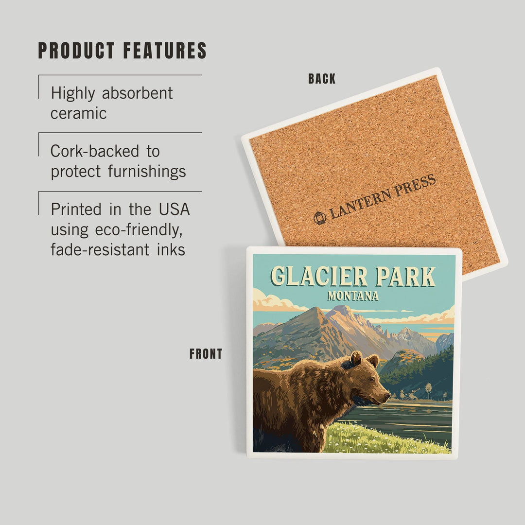 Glacier Park, Montana, Painterly, Bear, Coasters Coasters Lantern Press 