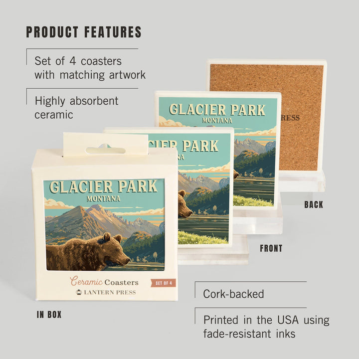 Glacier Park, Montana, Painterly, Bear, Coasters Coasters Lantern Press 