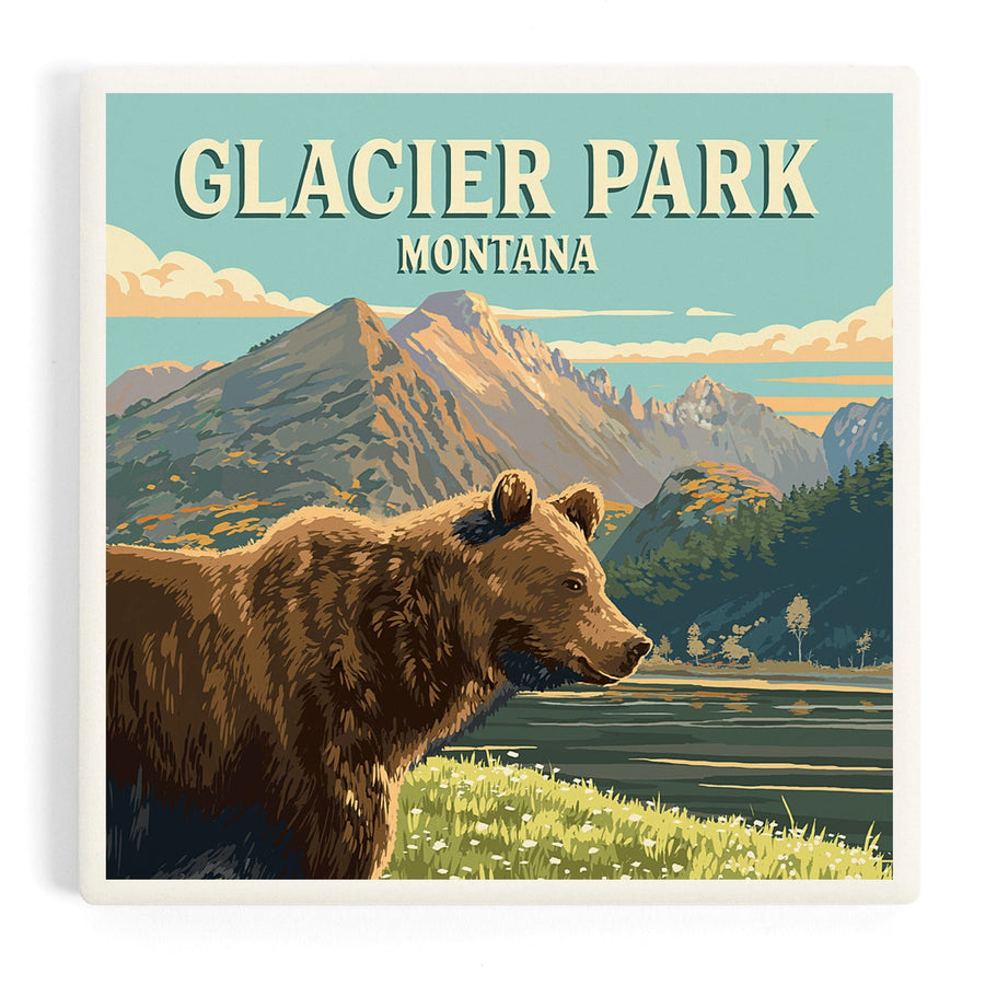 Glacier Park, Montana, Painterly, Bear, Coasters Coasters Lantern Press 