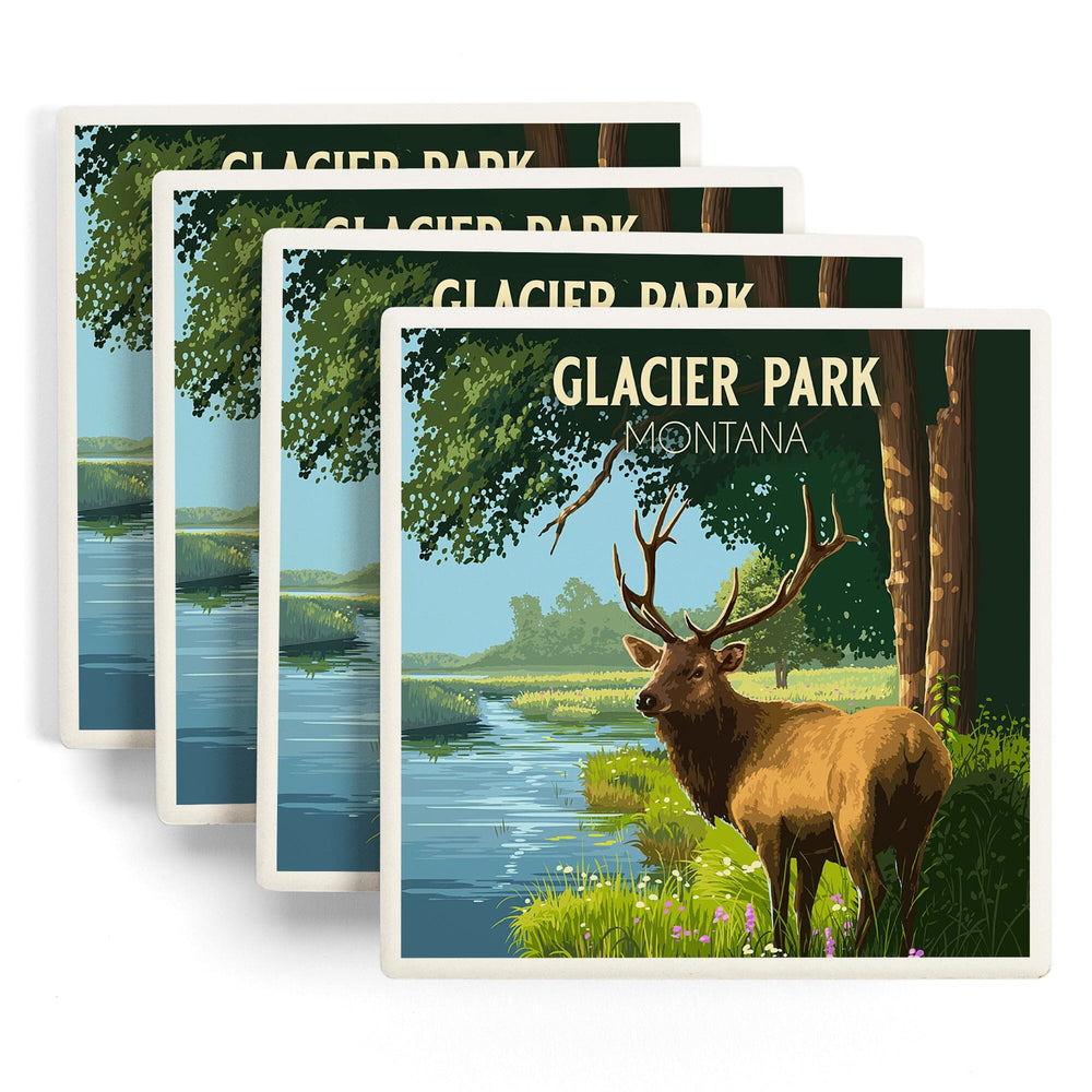 Glacier Park, Montana, Painterly, Roosevelt Elk, Coasters Coasters Lantern Press 