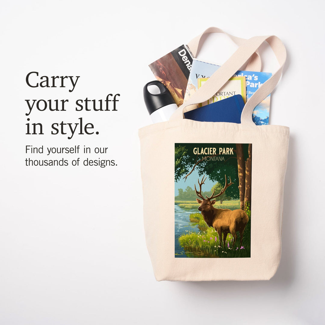 Glacier Park, Montana, Painterly, Roosevelt Elk, Tote Bag Totes Lantern Press 