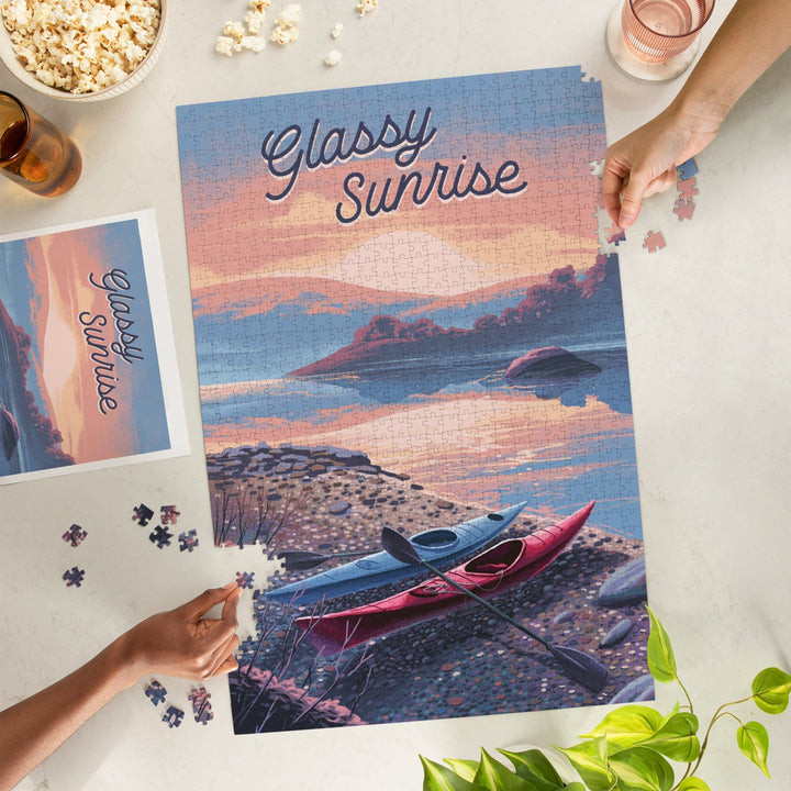 Glassy Sunrise, Kayak, Jigsaw Puzzle - Lantern Press