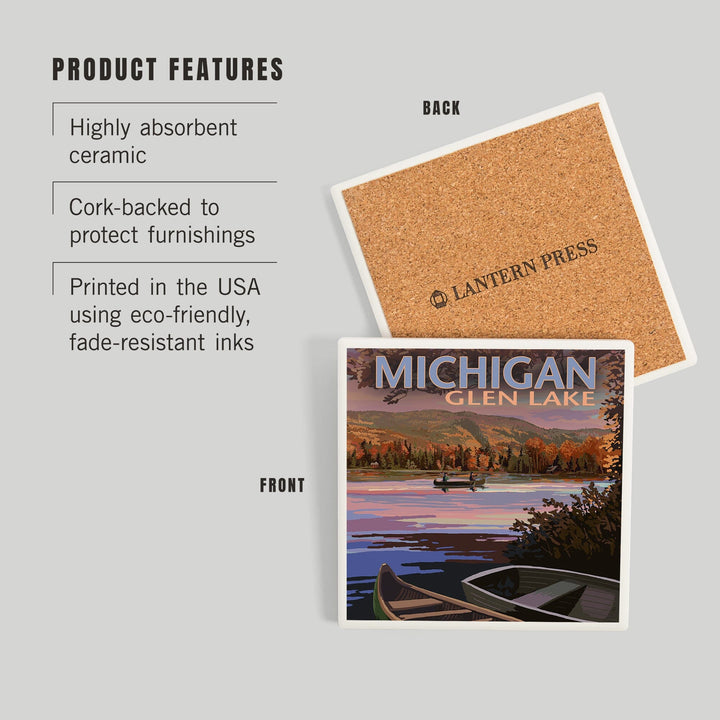Glen Lake, Michigan, Lake Scene at Dusk, Coasters Coasters Lantern Press 