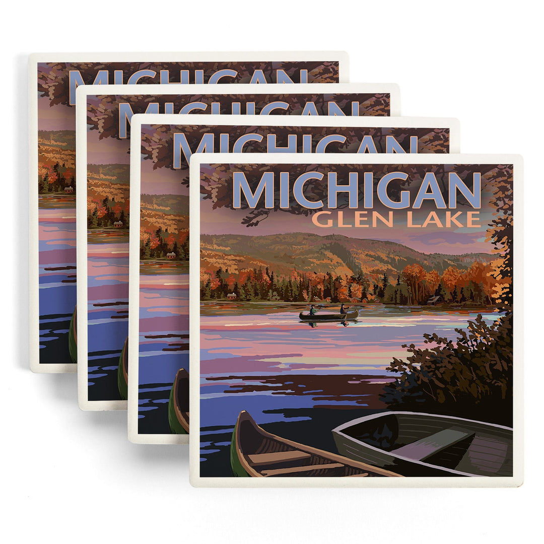 Glen Lake, Michigan, Lake Scene at Dusk, Coasters Coasters Lantern Press 