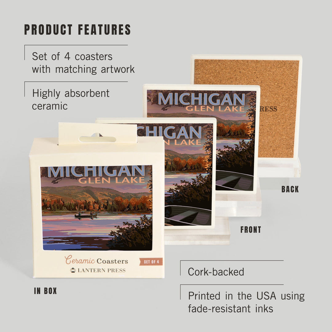 Glen Lake, Michigan, Lake Scene at Dusk, Coasters Coasters Lantern Press 