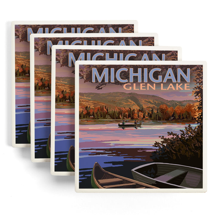 Glen Lake, Michigan, Lake Scene at Dusk, Lantern Press Artwork, Coaster Set - Lantern Press