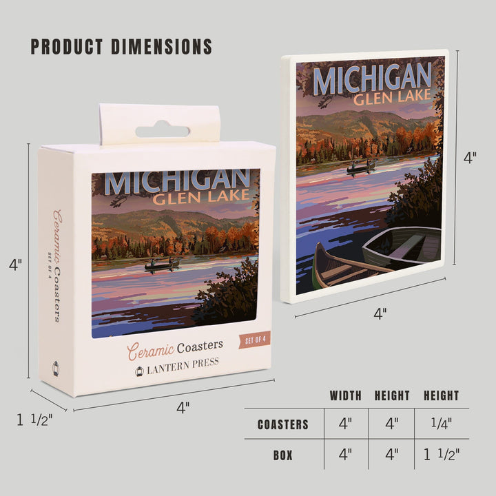 Glen Lake, Michigan, Lake Scene at Dusk, Lantern Press Artwork, Coaster Set - Lantern Press