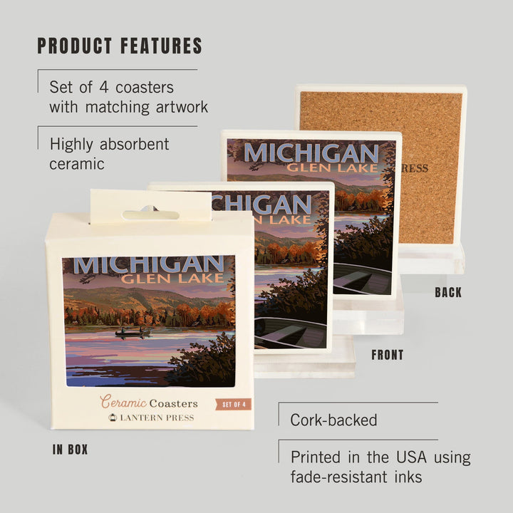 Glen Lake, Michigan, Lake Scene at Dusk, Lantern Press Artwork, Coaster Set - Lantern Press