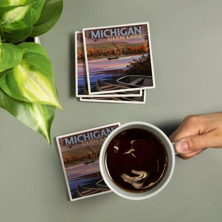 Glen Lake, Michigan, Lake Scene at Dusk, Lantern Press Artwork, Coaster Set - Lantern Press