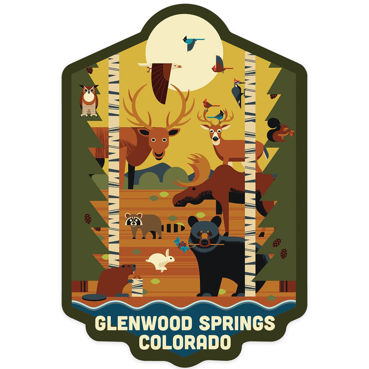 Glenwood Springs, Colorado, Forest Animals and Pine Trees, Geometric, Contour, Vinyl Sticker - Lantern Press