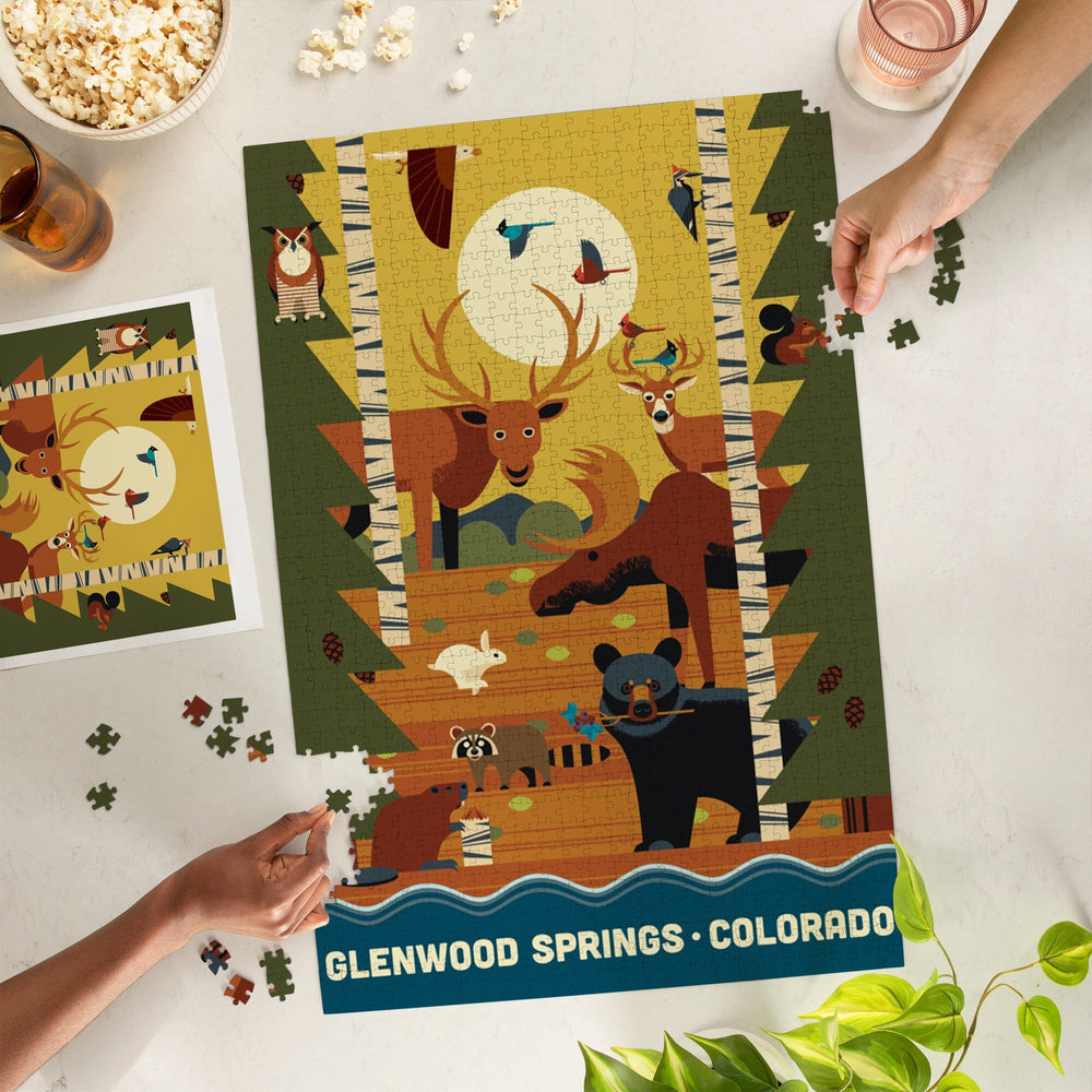 Glenwood Springs, Colorado, Forest Animals and Pine Trees, Geometric, Jigsaw Puzzle Puzzle Lantern Press 