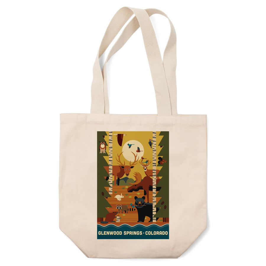 Glenwood Springs, Colorado, Forest Animals & Pine Trees, Geometric, Lantern Press Artwork, Tote Bag Totes Lantern Press 