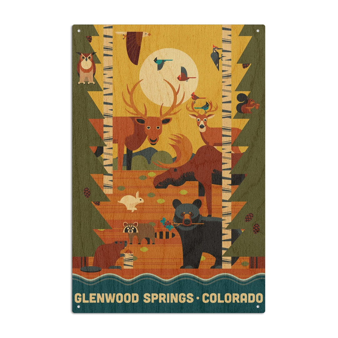 Glenwood Springs, Colorado, Forest Animals & Pine Trees, Geometric, Lantern Press Artwork, Wood Signs and Postcards Wood Lantern Press 10 x 15 Wood Sign 