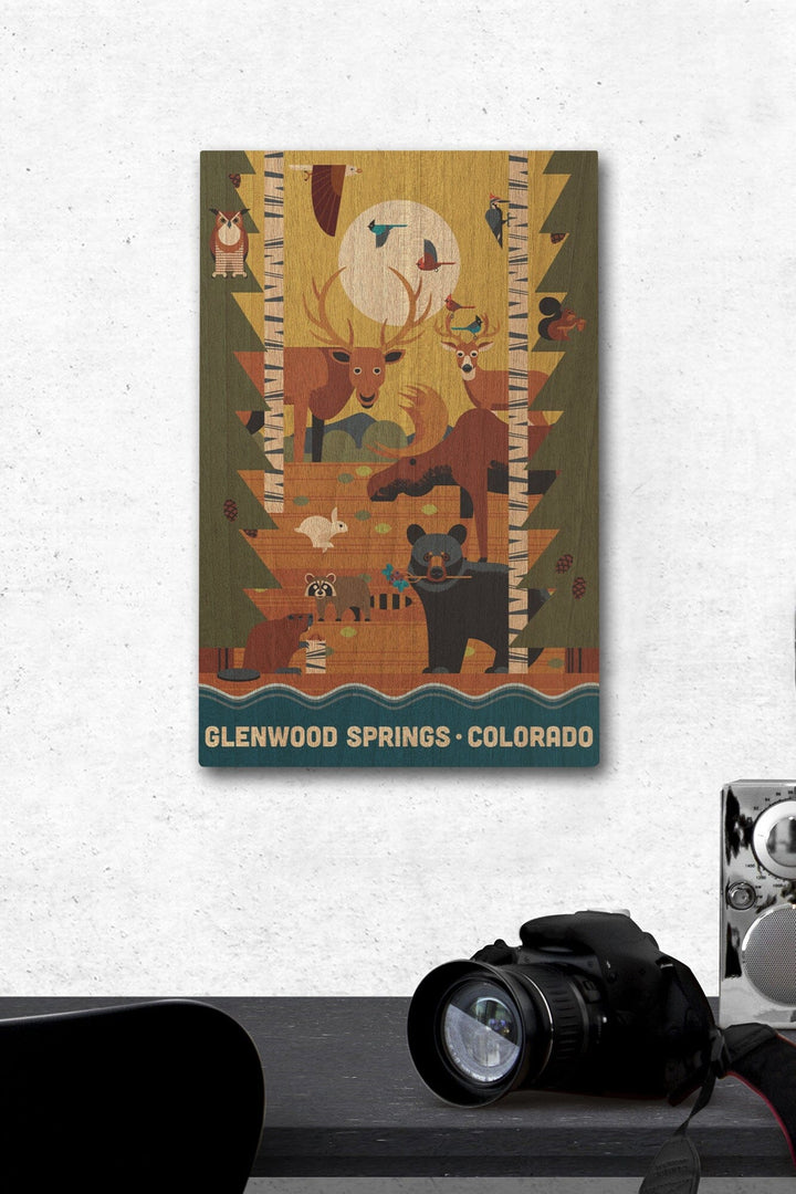 Glenwood Springs, Colorado, Forest Animals & Pine Trees, Geometric, Lantern Press Artwork, Wood Signs and Postcards Wood Lantern Press 12 x 18 Wood Gallery Print 