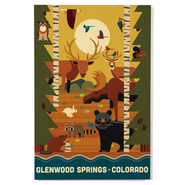 Glenwood Springs, Colorado, Forest Animals & Pine Trees, Geometric, Lantern Press Artwork, Wood Signs and Postcards Wood Lantern Press 