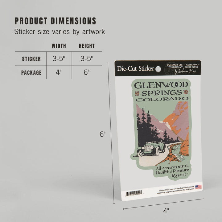 Glenwood Springs, Colorado, Vintage Car and Mountain, Contour, Artwork, Vinyl Sticker Sticker Lantern Press 
