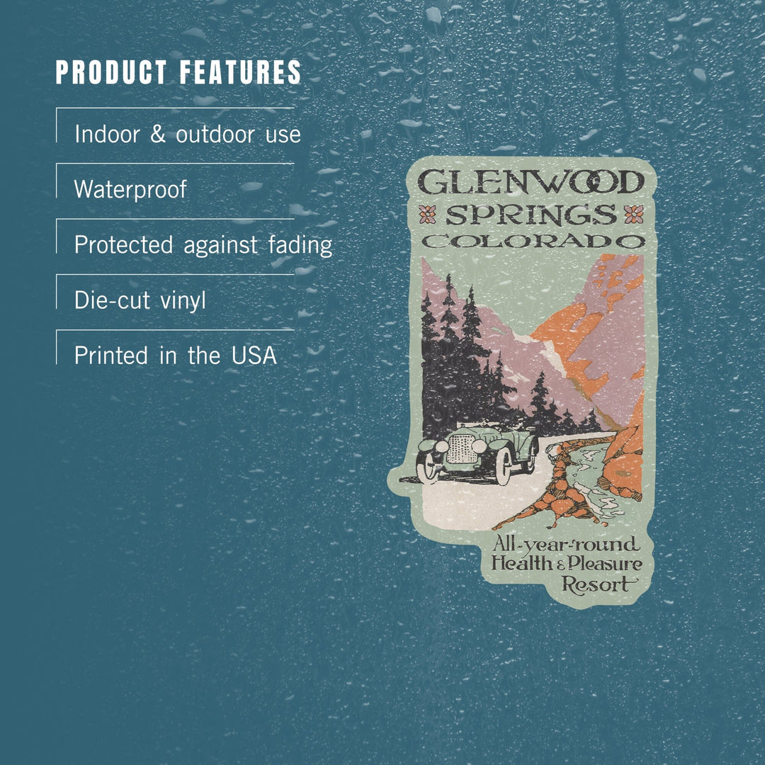 Glenwood Springs, Colorado, Vintage Car and Mountain, Contour, Artwork, Vinyl Sticker Sticker Lantern Press 